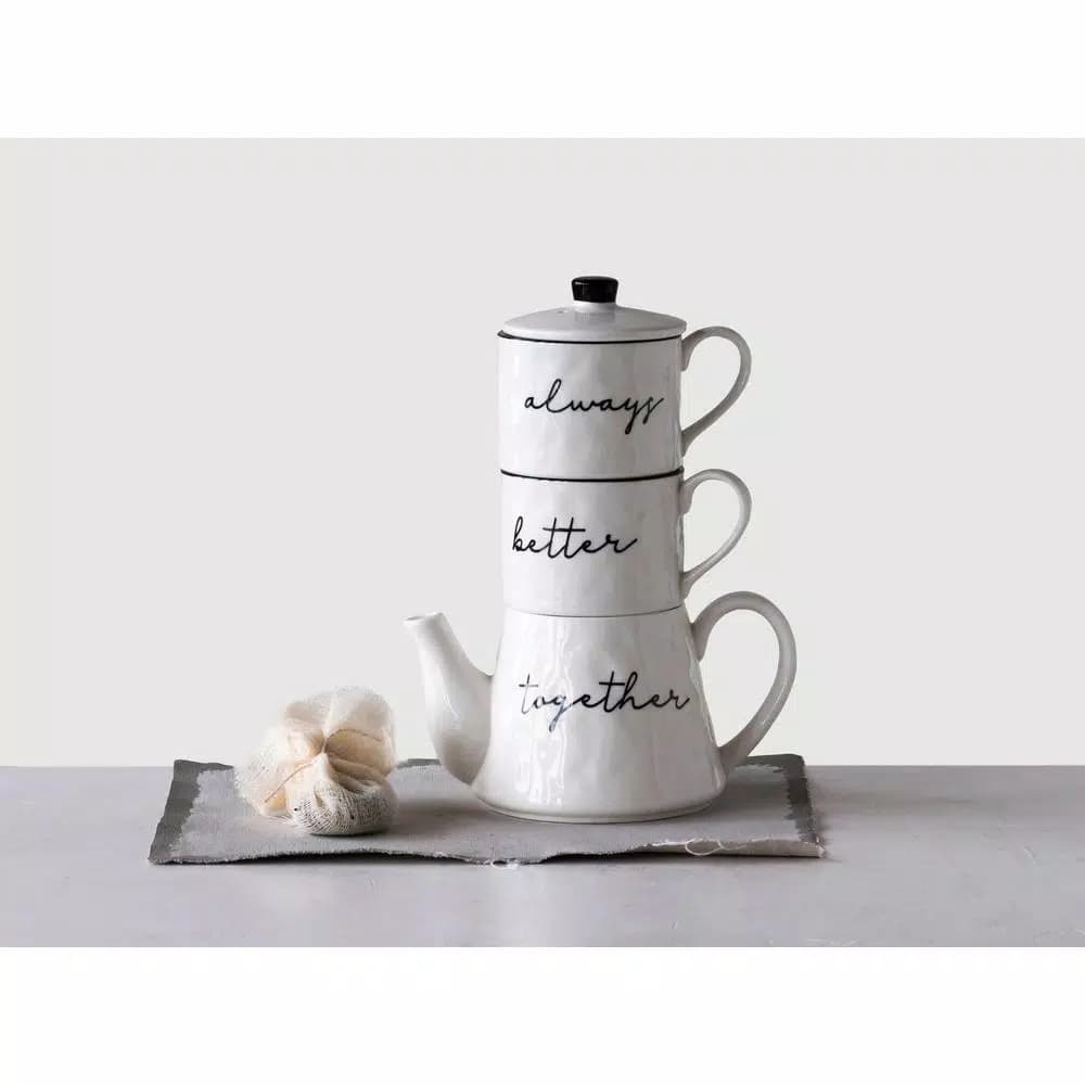 3R Studios White Stoneware Stackable Teapot and 2 Mugs Set, 18 oz.