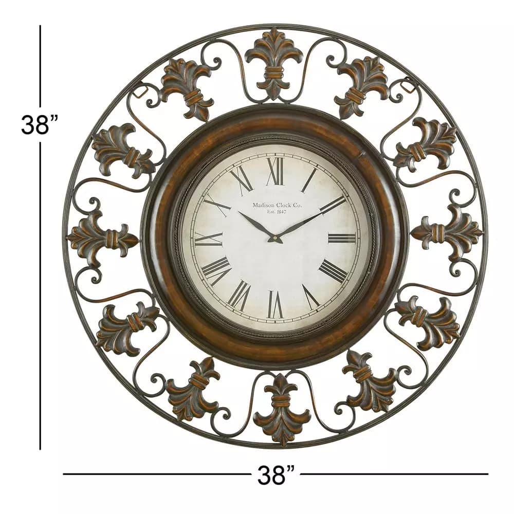 LITTON LANE 38 in. Traditional Fleur-De-Lis Iron Wall Clock - Distressed Bronze Finish