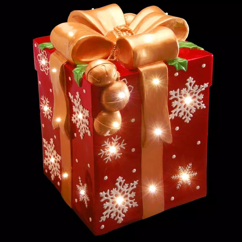 National Tree Company 21 in. Pre-Lit Red Gift Box Christmas Decoration with White LED Lights and Gold Ribbon