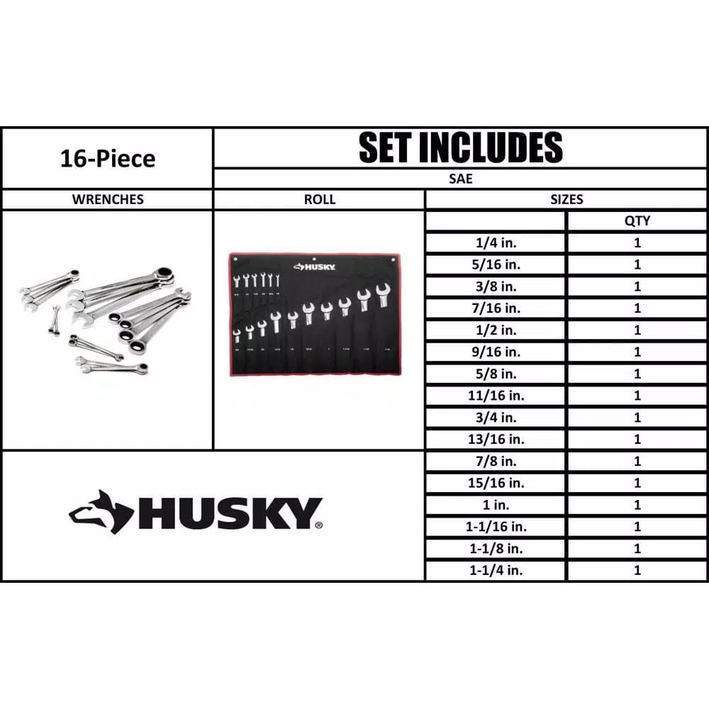 Husky 16-Piece SAE Ratcheting Wrench Set, 12-Point Alloy Steel