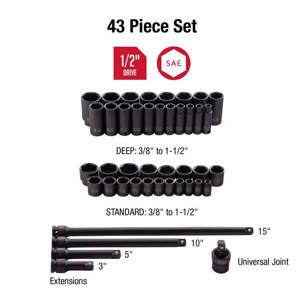 SUNEX TOOLS Sunex 2568 1/2 in. Drive SAE Master Impact Socket Set, 43-Piece