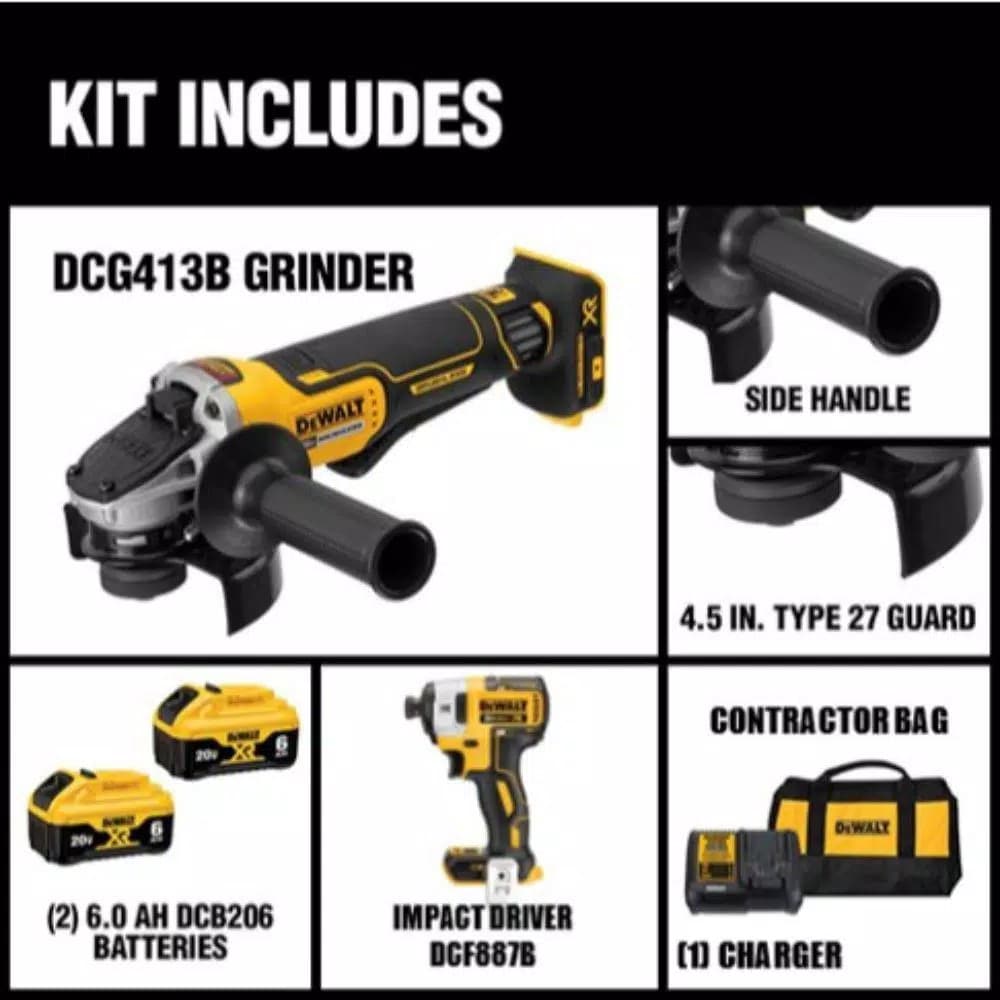 DEWALT 20V MAX XR Cordless Brushless 4-1/2 in. Small Angle Grinder Kit with (2) 6.0Ah Batteries & 1/4 in. Impact Driver