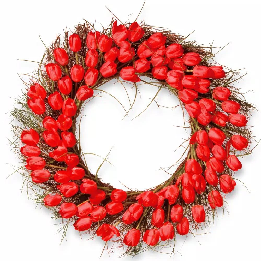 National Tree Company 32 in. Red Tulip Wreath - Handcrafted Fabric Floral Wreath for Indoor or Covered Outdoor Decor