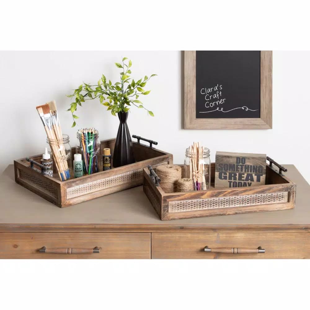 Kate and Laurel Bayport Brown Decorative Nested Wooden Tray Set of 2 - Farmhouse Style