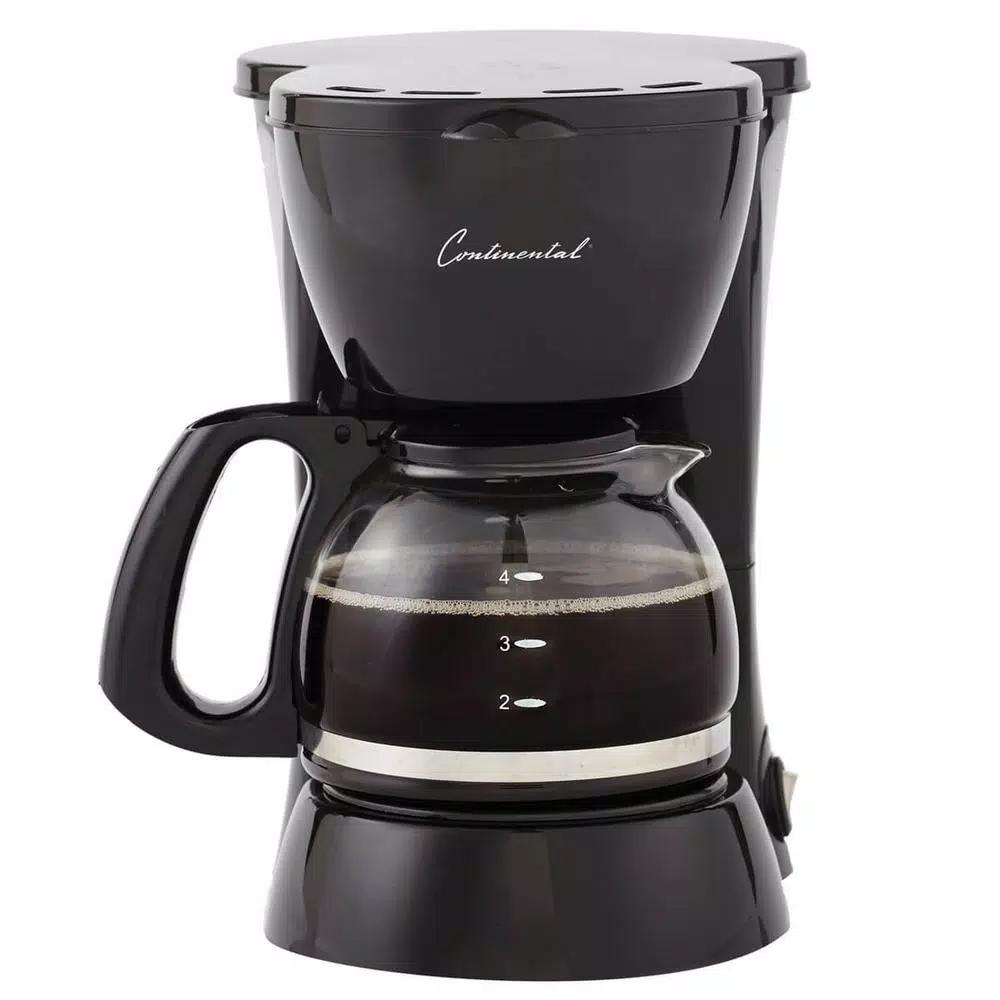 Continental 4-Cup Black Drip Coffee Maker with Non-Stick Keep Warm Plate and Permanent Filter