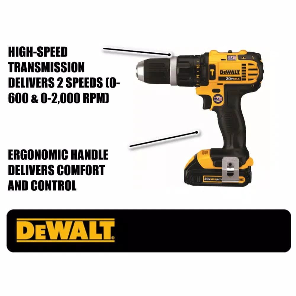 DEWALT 20V MAX Cordless 1/2 in. Compact Hammer Drill/Driver Kit with (2) 1.5 Ah Batteries, Charger & Bag