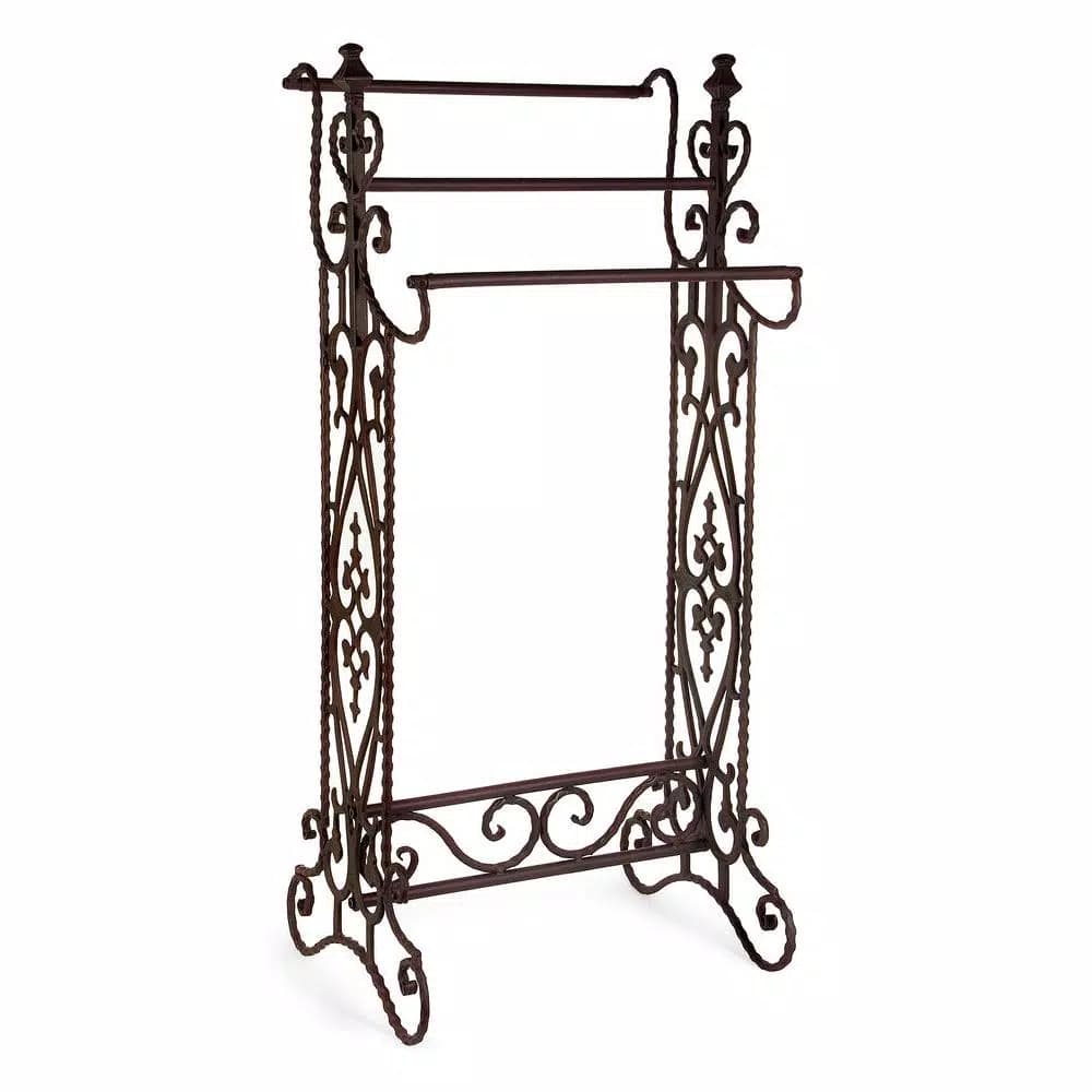 Unbranded Lenor Collection 3-Bar Wrought Iron Freestanding Quilt and Towel Rack, Brown