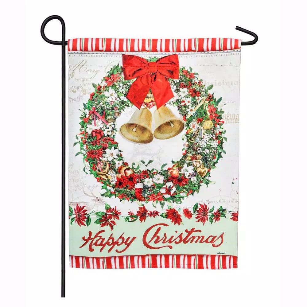 Evergreen Happy Christmas Bells Wreath Garden Flag, 18 x 12.5 in., Double-Sided Weather Resistant