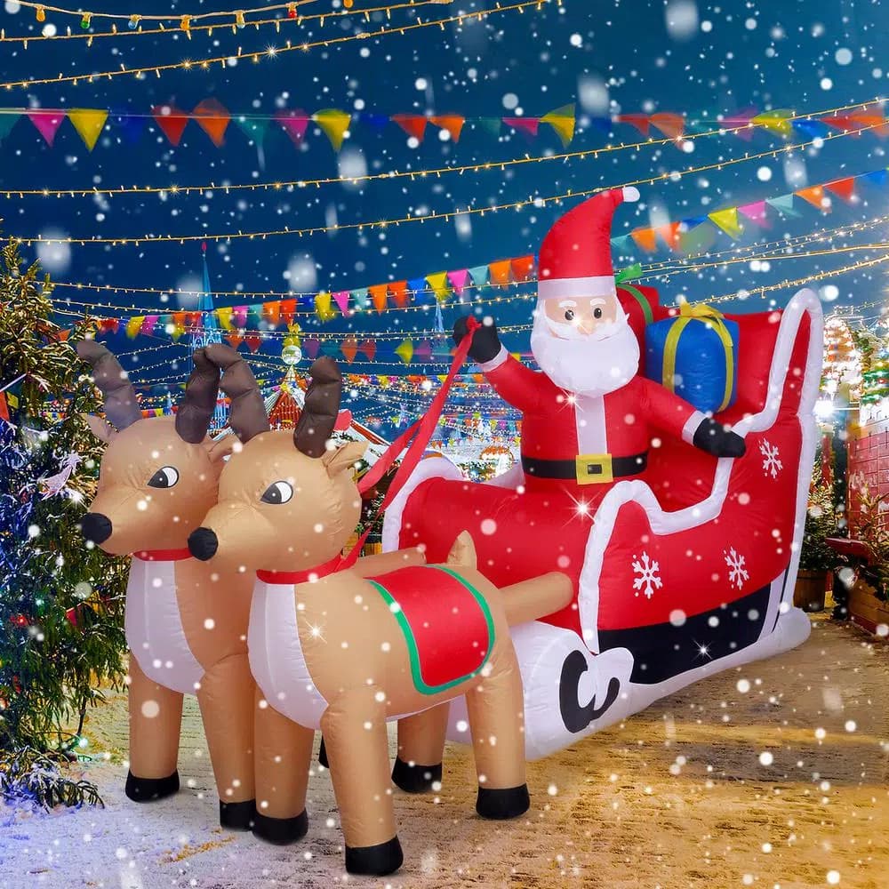 JOYDECOR 5 ft. Santa Claus on Sleigh with 2 Reindeer Christmas Inflatable Outdoor Decoration with LED Lights