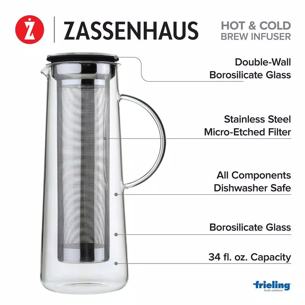 ZASSENHAUS 8-Cup Borosilicate Glass Coffee Maker & Cold Brew Infuser with Stainless Steel Filter