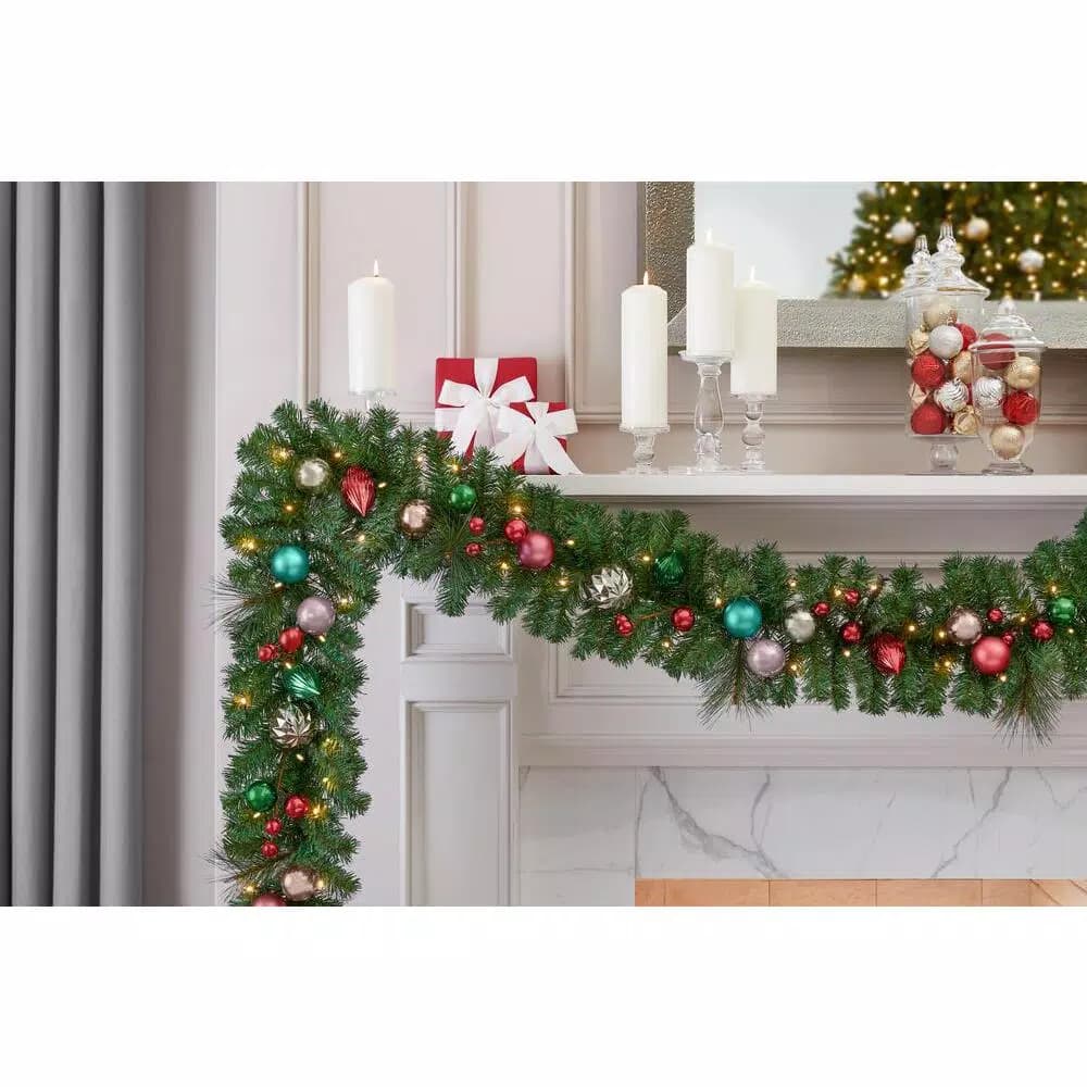 Home Accents Holiday 9 ft. Fantasleigh Pre-Lit LED Artificial Christmas Garland with Ornaments
