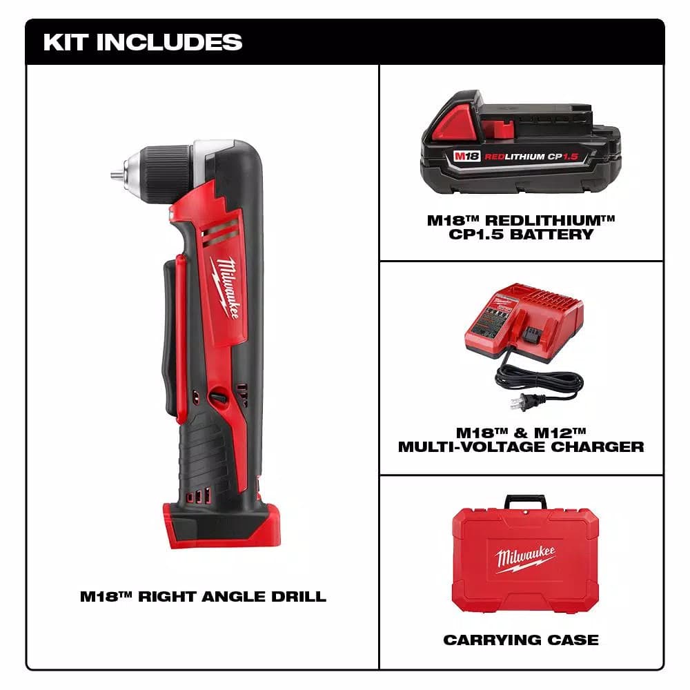 Milwaukee M18 18V Lithium-Ion Cordless 3/8 in. Right Angle Drill Kit with 1.5Ah Battery, Charger, and Hard Case