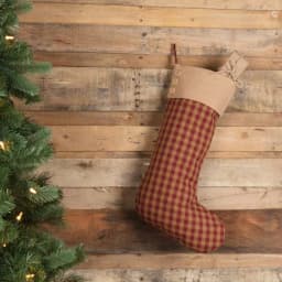 VHC Brands 20 in. Burgundy Check Primitive Christmas Button Stocking - Red and Tan Cotton/Jute Decor thumbnail 3