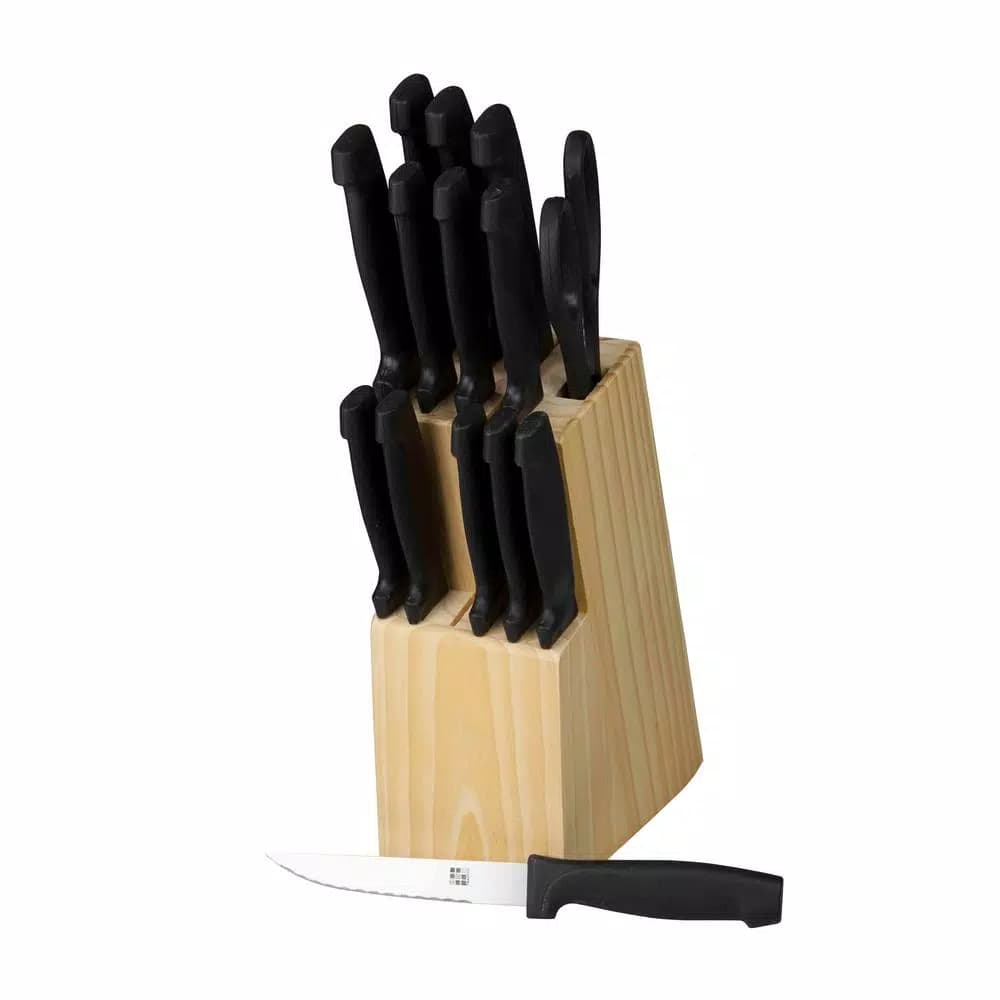 Home Basics 15-Piece Stainless Steel Knife Set with Wooden Display Block