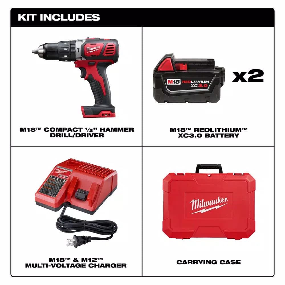 Milwaukee M18 18V Lithium-Ion Cordless 1/2 in. Hammer Drill Driver Kit with (2) 3.0Ah Batteries, Charger & Case