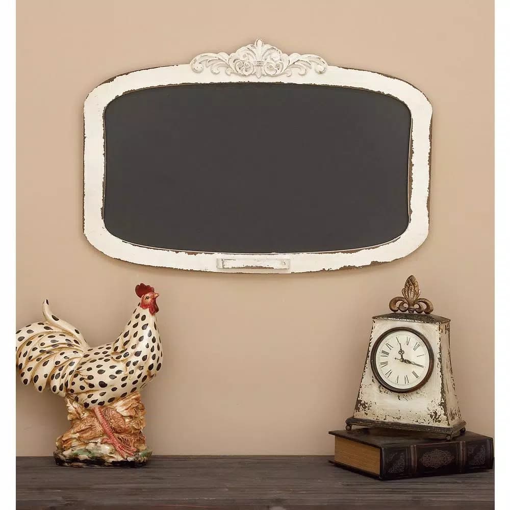 LITTON LANE Shabby Chic 28 in. Wooden Chalkboard Memo Board with Distressed Ivory Frame and Trinket Tray