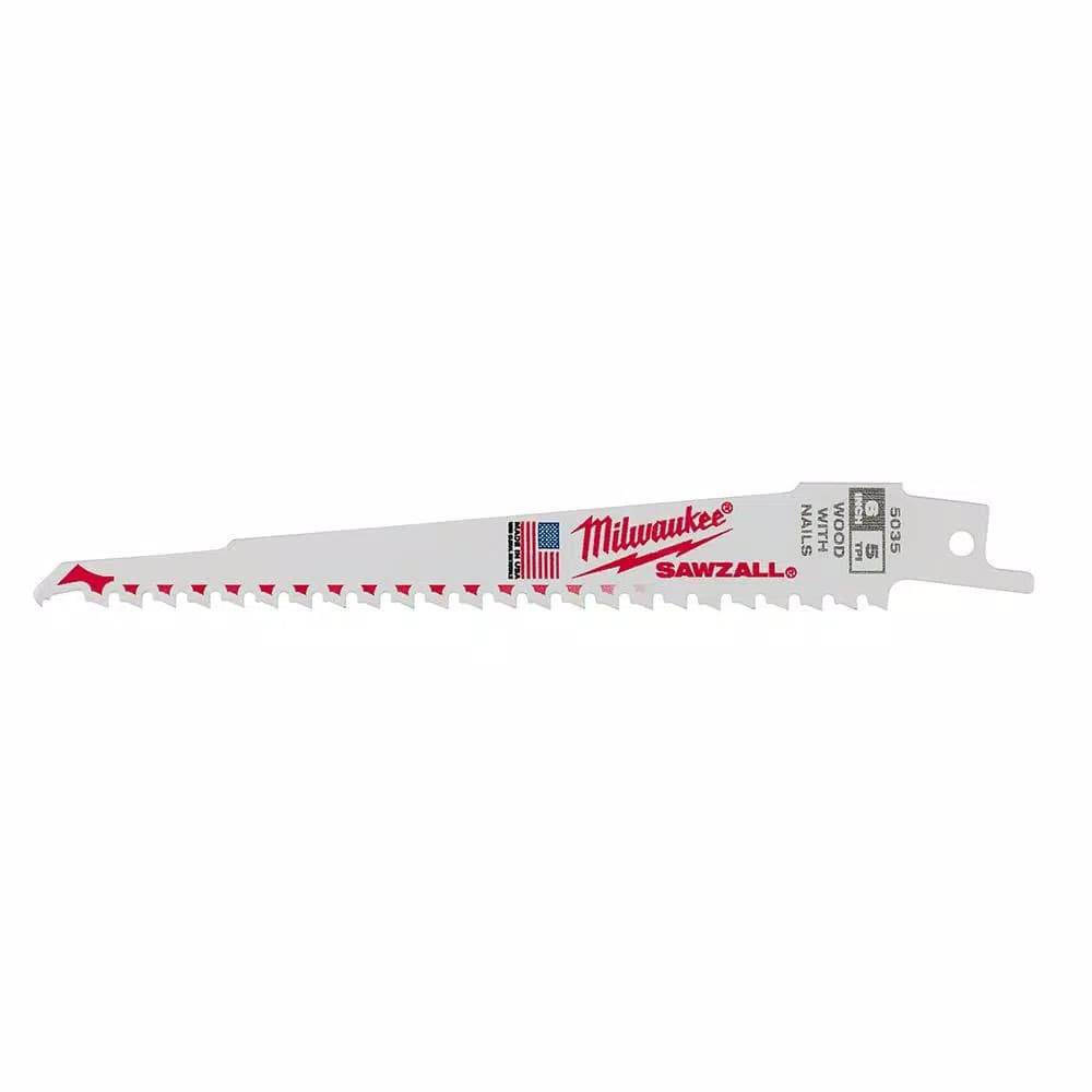 Milwaukee 6 in. 5 TPI Wood Reciprocating Saw Blades, Bi-Metal, 5-Pack