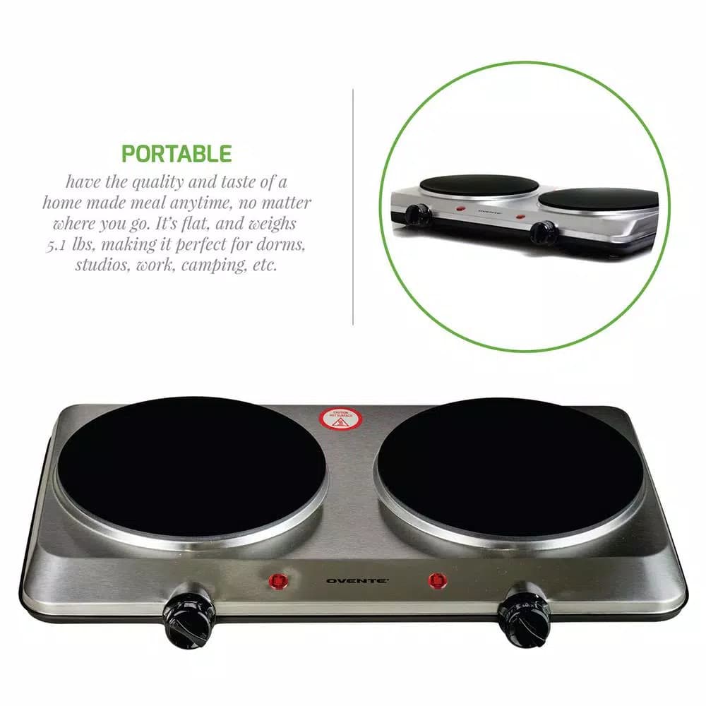 Ovente 1500W Double Burner Infrared Hot Plate, 7.5 in. Ceramic Glass Cooktop with Temperature Control