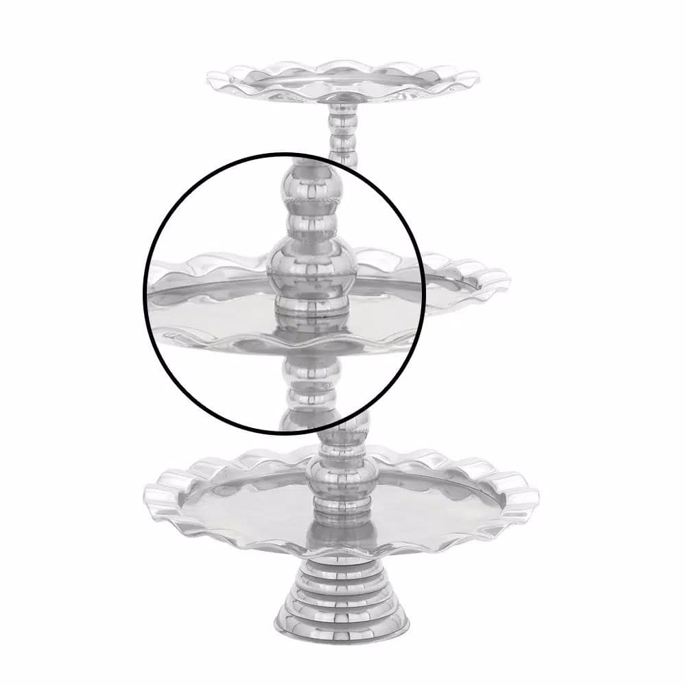 LITTON LANE 24 in. Polished Silver Aluminum 3-Tier Wavy-Ribbon-Rimmed Round Tray Stand