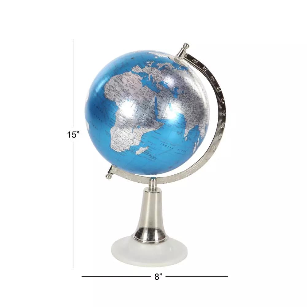LITTON LANE Modern Reflections 15 in. Blue and Silver Decorative Globe with White Marble Base