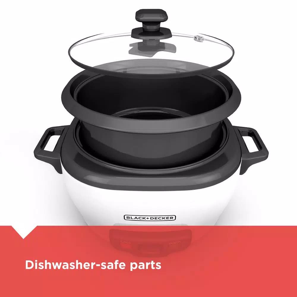 BLACK+DECKER 3-Cup White Electric Rice Cooker with Steaming Basket and Non-Stick Pot