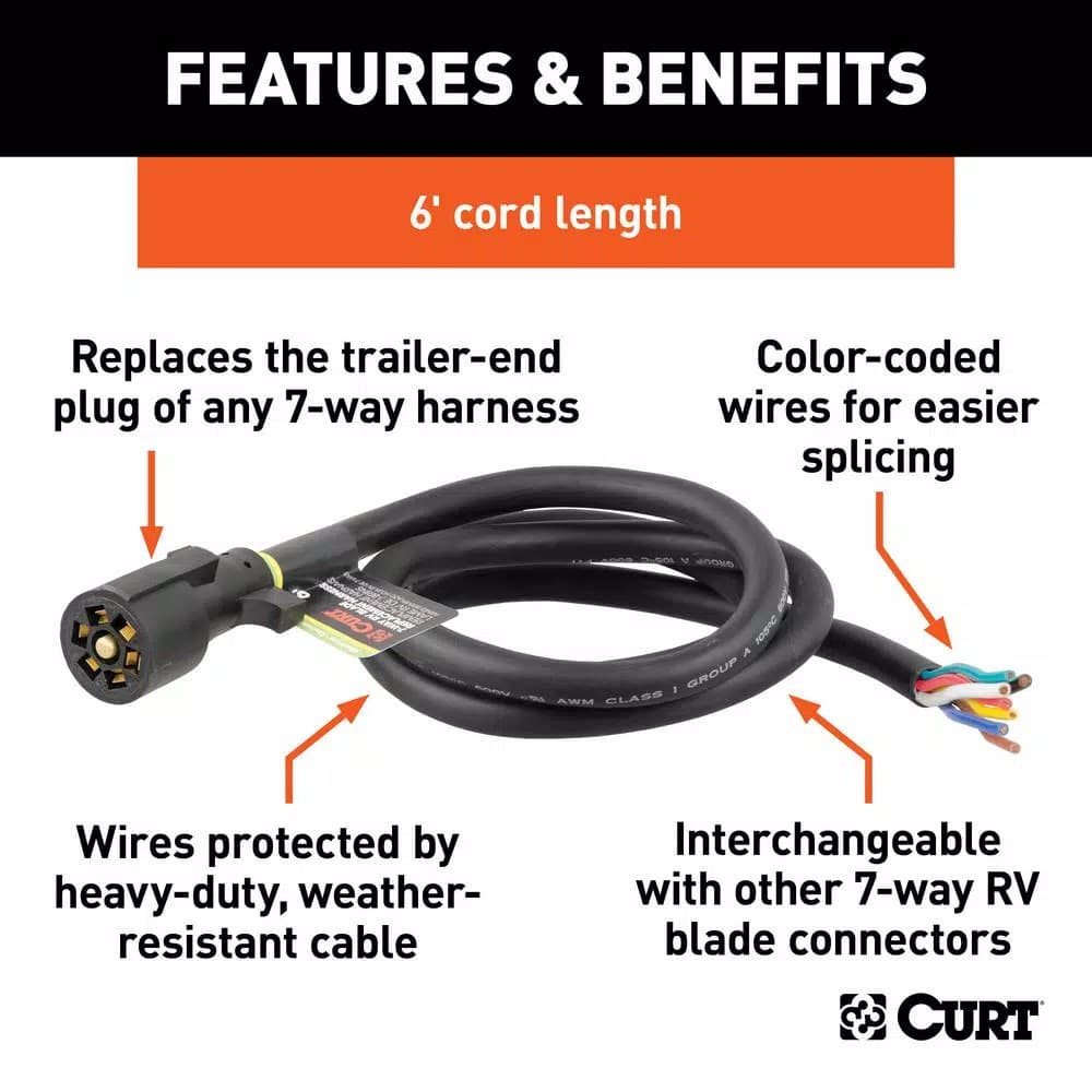 CURT 6' Replacement 7-Way RV Blade Harness - Trailer Side Connector