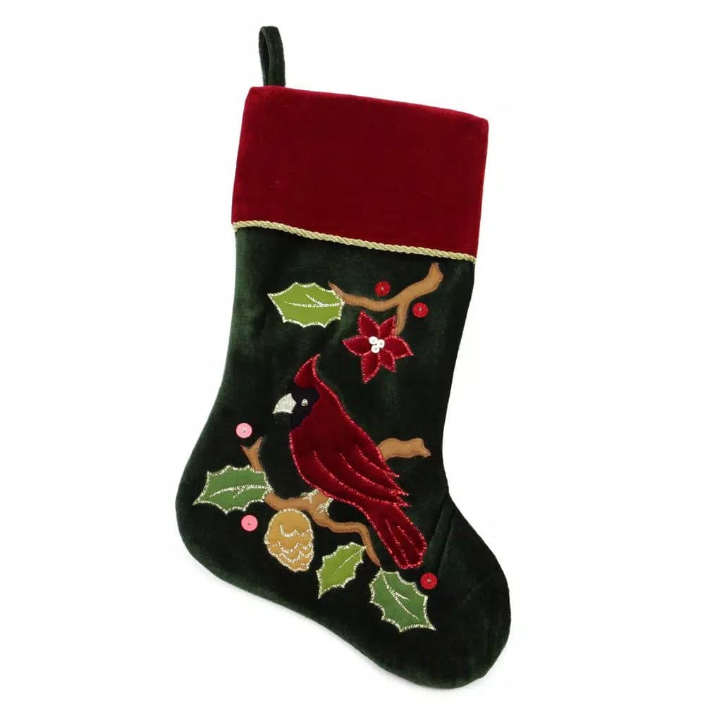 Northlight 20 in. Red and Green Velveteen Cardinal Embroidered Christmas Stocking with Gold Accents