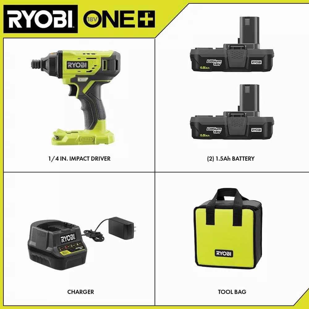 RYOBI 18V ONE+ Cordless 1/4 in. Impact Driver Kit with (2) 1.5 Ah Batteries, Charger, and Bag