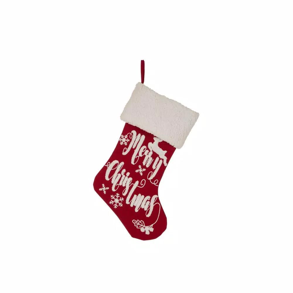 Glitzhome 21 in. Fabric Christmas Stocking with Reindeer and Snowflake Design, Red and White