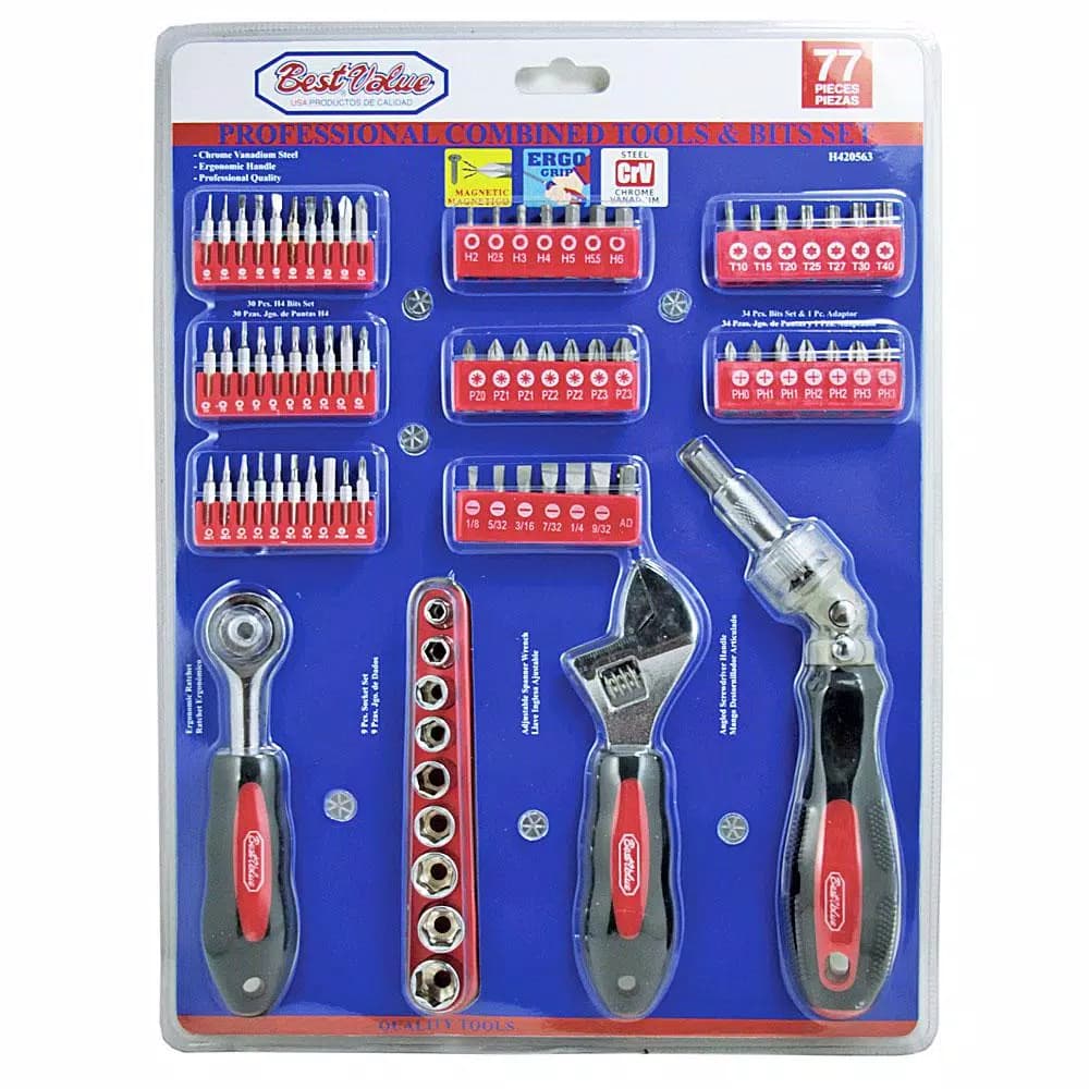Best Value 77-Piece Hand Tool Set with Ergonomic Ratchet, Sockets, and Magnetic Chrome Vanadium Steel Bits