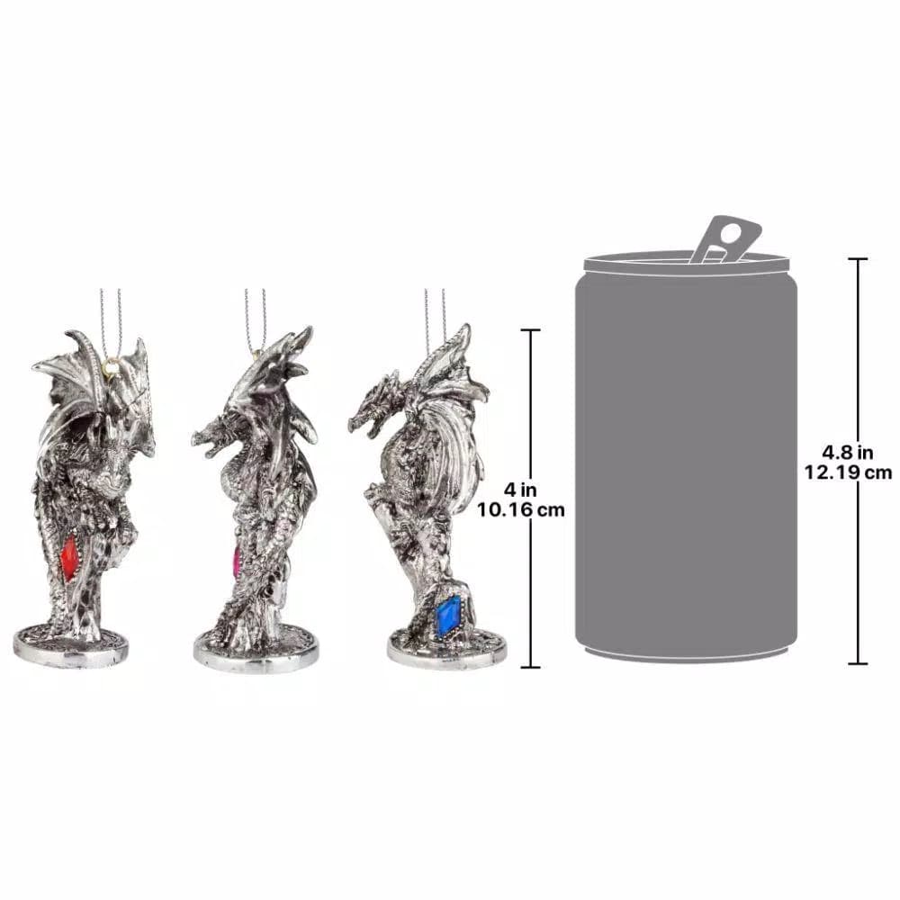 Design Toscano Three Dragons of the Amesbury Holiday Gemstone Ornament Set, 3-Piece Silver Resin