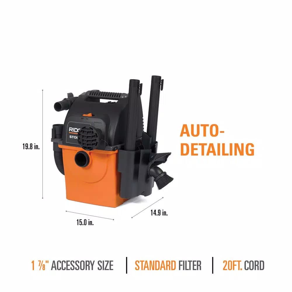 RIDGID 5 Gal. 5.0 Peak HP Stor-N-Go Portable Wet/Dry Shop Vacuum with Wall Mount and LED Car Nozzle