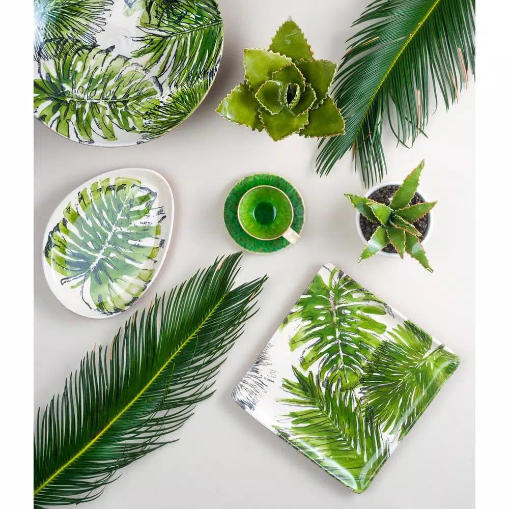 Abigails Palmetto Hand-Painted White Ceramic Square Serving Platter, 13-Inch
