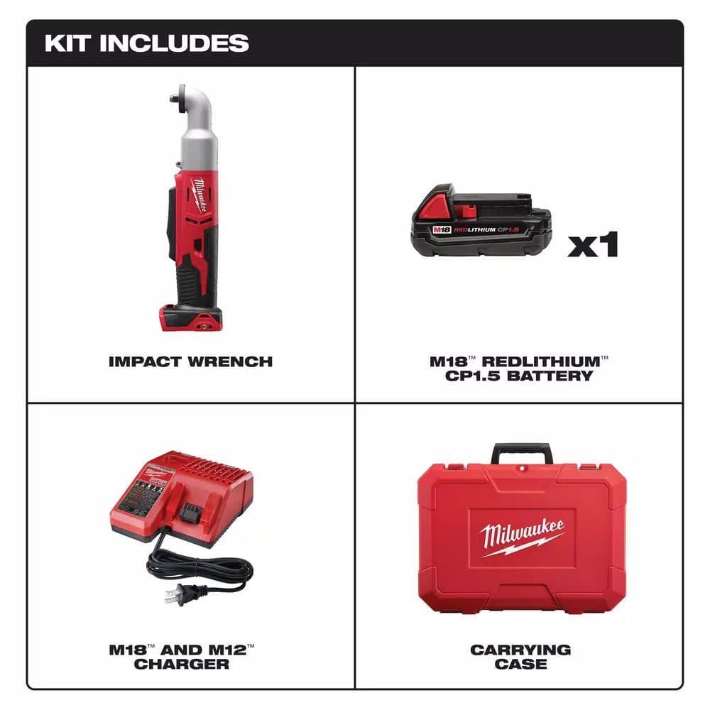 Milwaukee M18 18V Cordless 3/8 in. 2-Speed Right Angle Impact Wrench Kit with 1.5 Ah Battery, Charger, and Hard Case