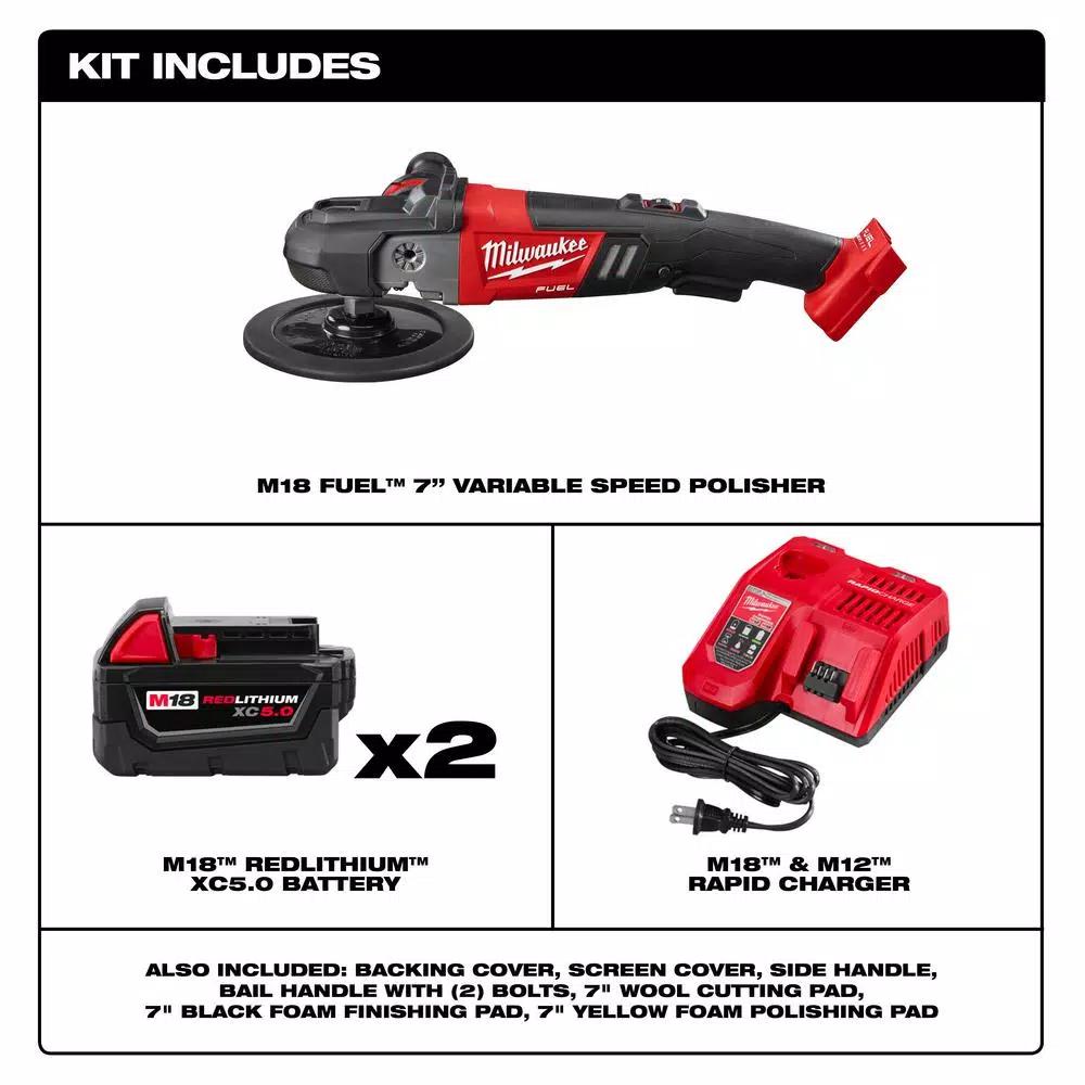 Milwaukee M18 FUEL 7 in. Variable Speed Cordless Polisher Kit with (2) 5.0 Ah Batteries & Pads
