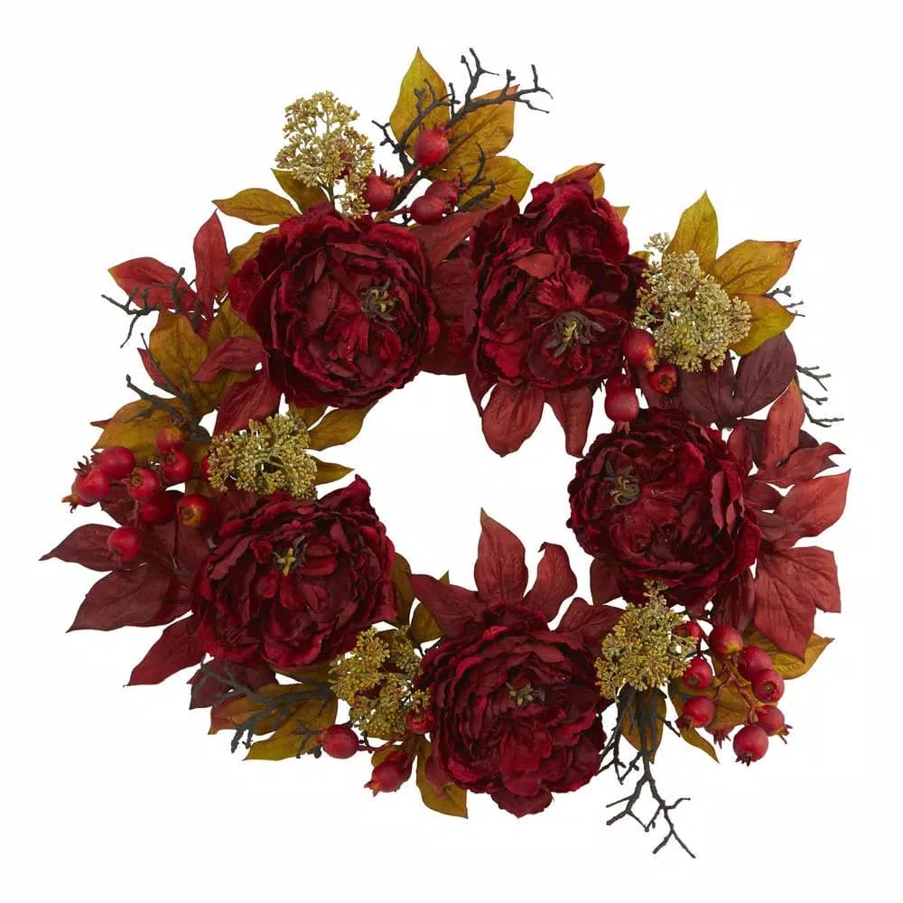 Nearly Natural 24 in. Peony Sedum Wreath with Dark Red Flowers and Green Foliage
