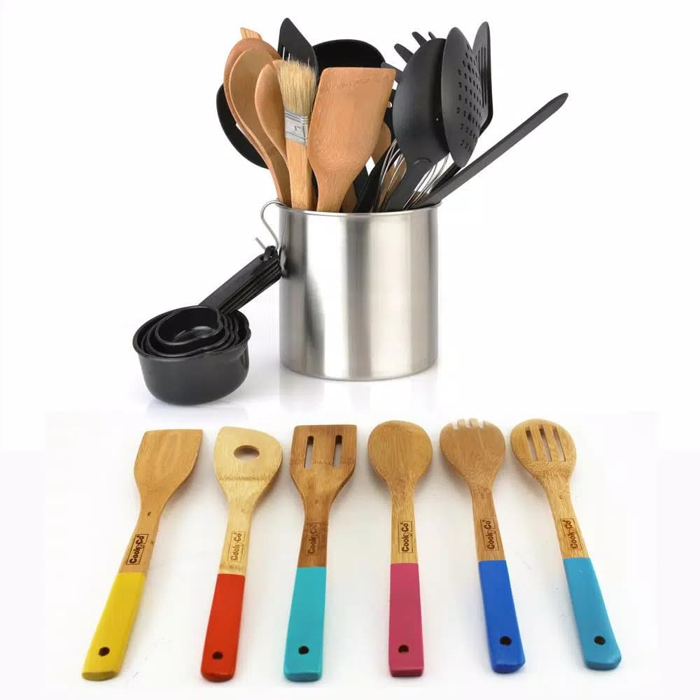BergHOFF 29-Piece Kitchen Utensil Set with Bamboo, Nylon, and Stainless Steel Tools and Holder