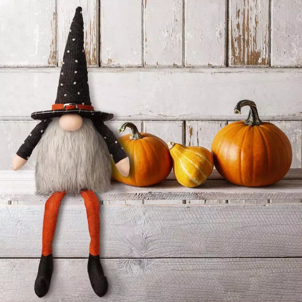 Glitzhome 20 in. Halloween Fabric Gnome Sitter Decor with Posable Hat and Faux Fur Beard