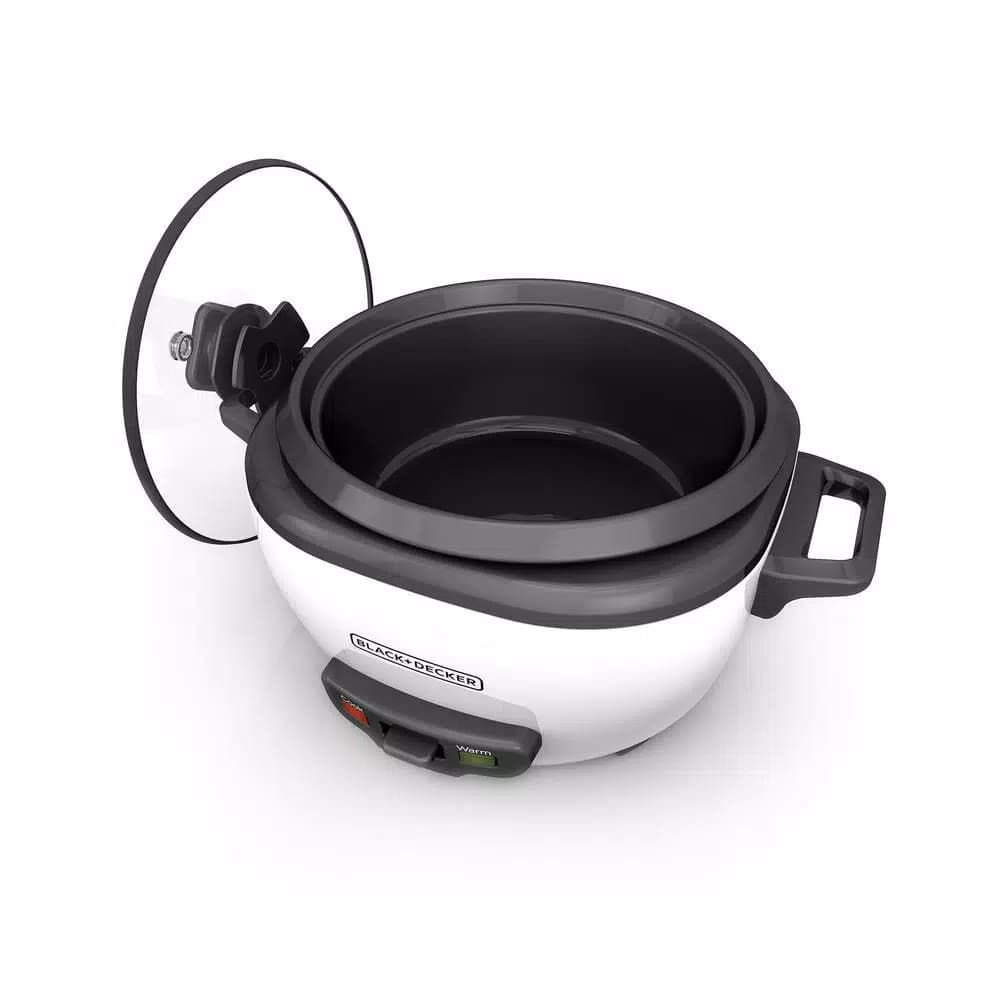 BLACK+DECKER 3-Cup White Electric Rice Cooker with Steaming Basket and Non-Stick Pot