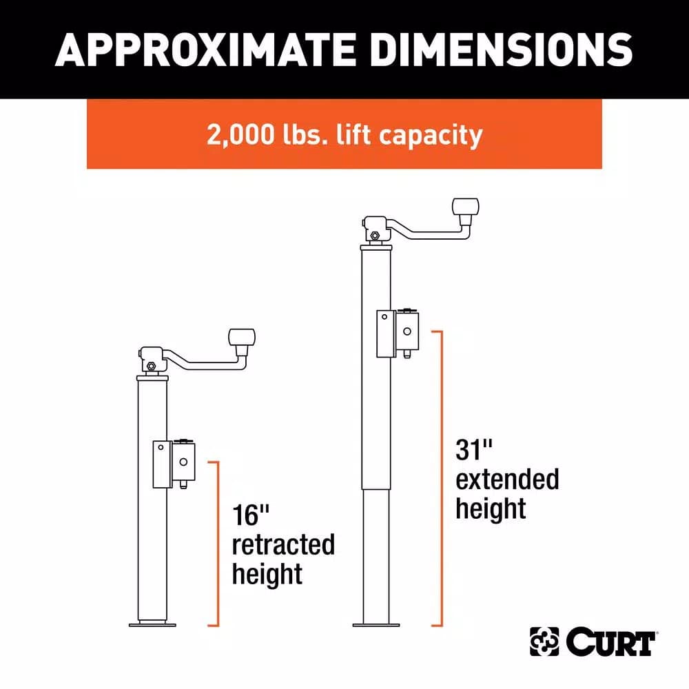 CURT Pipe-Mount Swivel Trailer Jack with Top Handle, 2,000 lbs. Capacity, 15 in. Travel