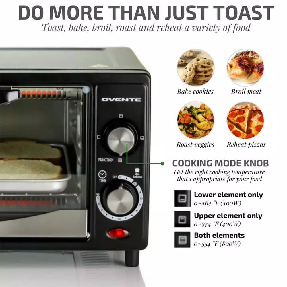 Ovente 800W Electric Toaster Oven, 10L Compact Oven with 3 Cooking Modes and 30-Min Timer, Black