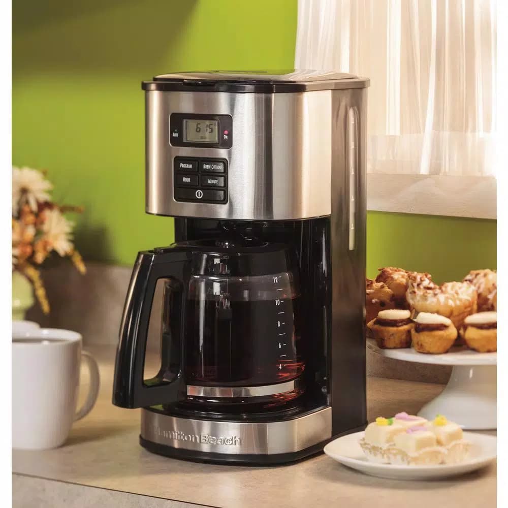 Hamilton Beach 12-Cup Programmable Drip Coffee Maker with Bold Brew Setting, Black and Stainless Steel