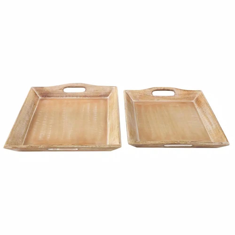LITTON LANE Distressed Brown Decorative Wooden Trays, Set of 2, Mango Wood & MDF