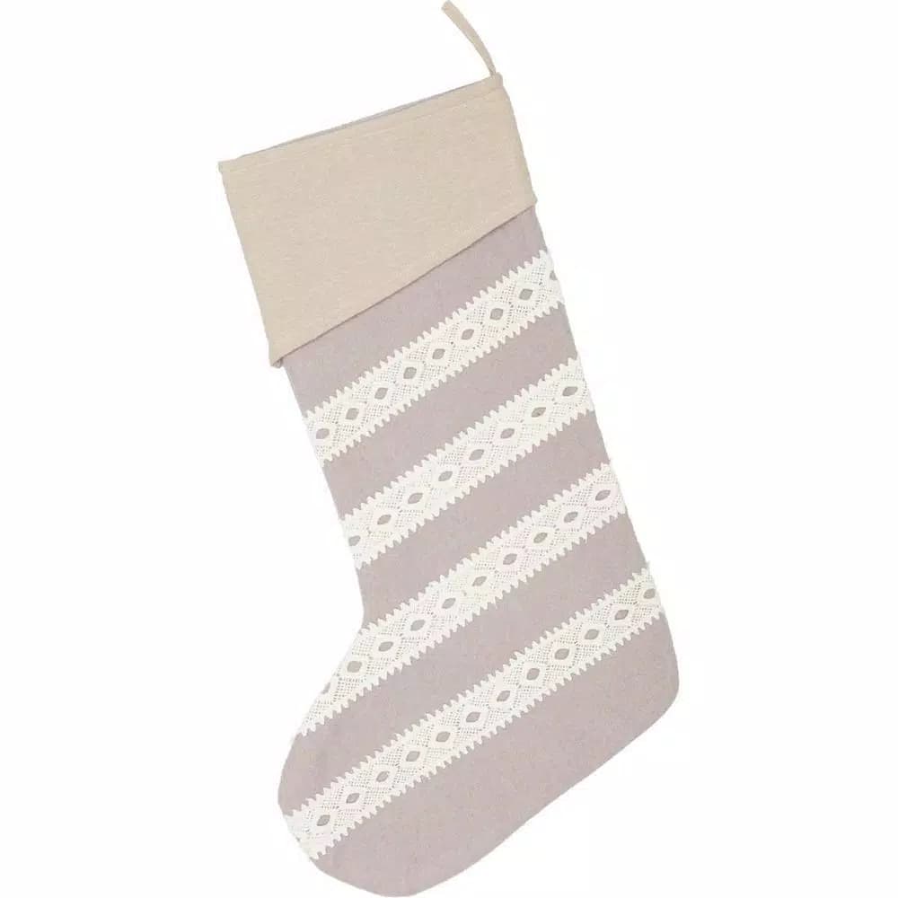 VHC Brands 20 in. Grey Margot Farmhouse Christmas Stocking with Diamond Pattern Lace