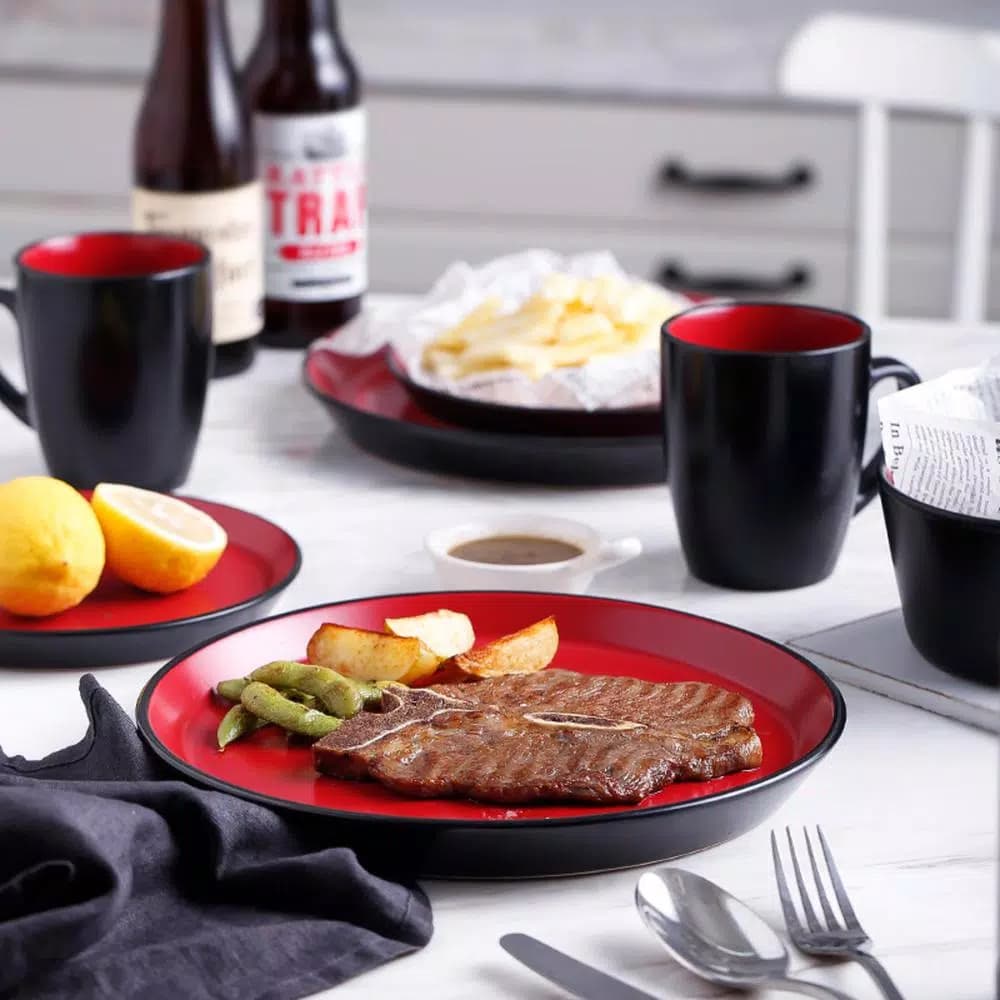 STONE LAIN 16-Piece Red and Black Stoneware Dinnerware Set, Service for 4