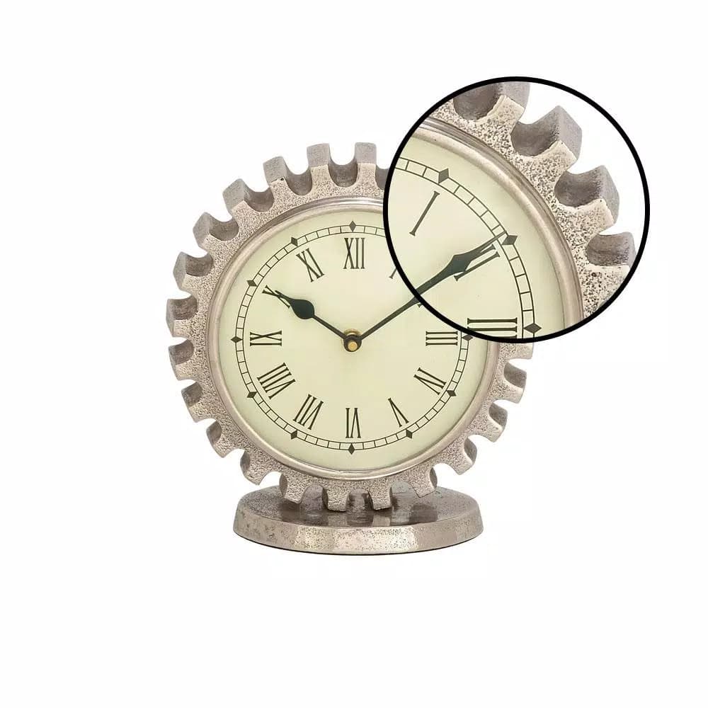 LITTON LANE Vintage Silver Gear Table Clock - Industrial Style Analog Quartz Clock
