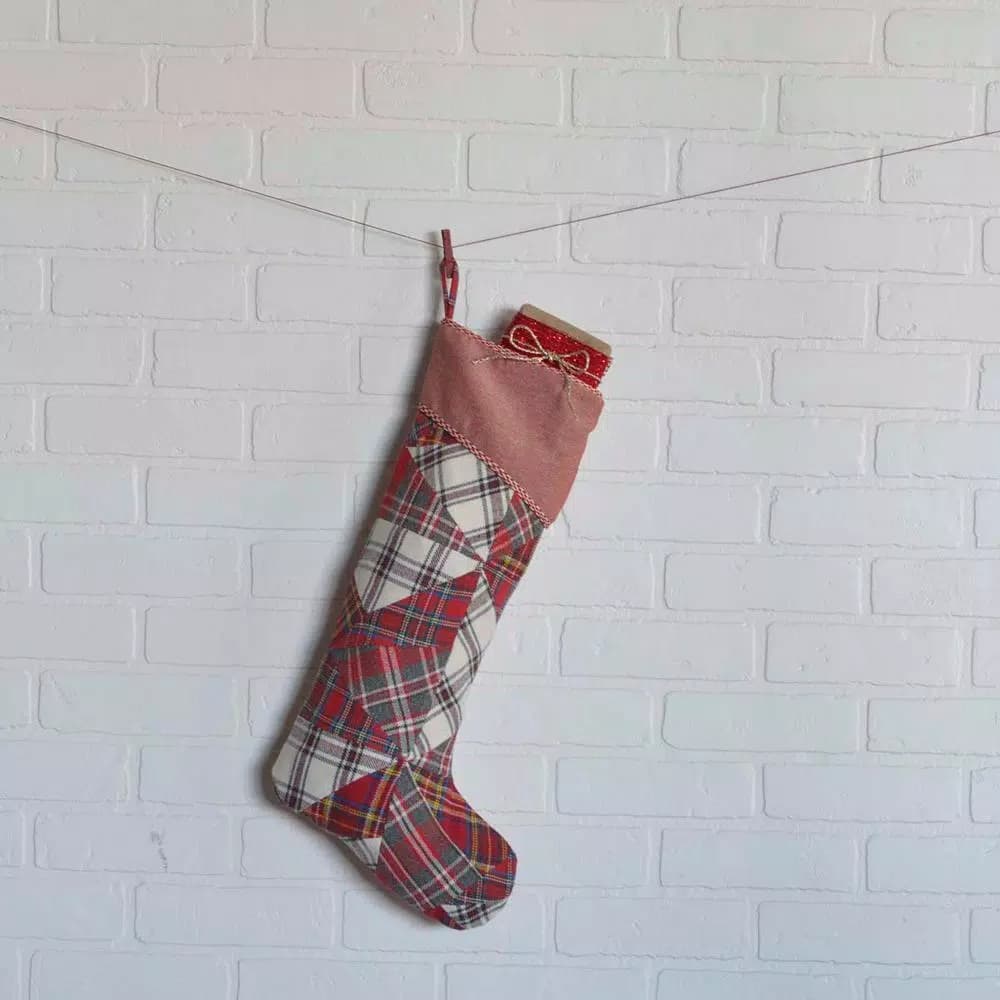 VHC Brands 20 in. Peyton Cotton Patchwork Christmas Stocking - Tomato Red & Plaid