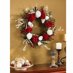 Nearly Natural 24in. Artificial Hydrangea and White Rose Wreath with Berries and Green Foliage thumbnail 2