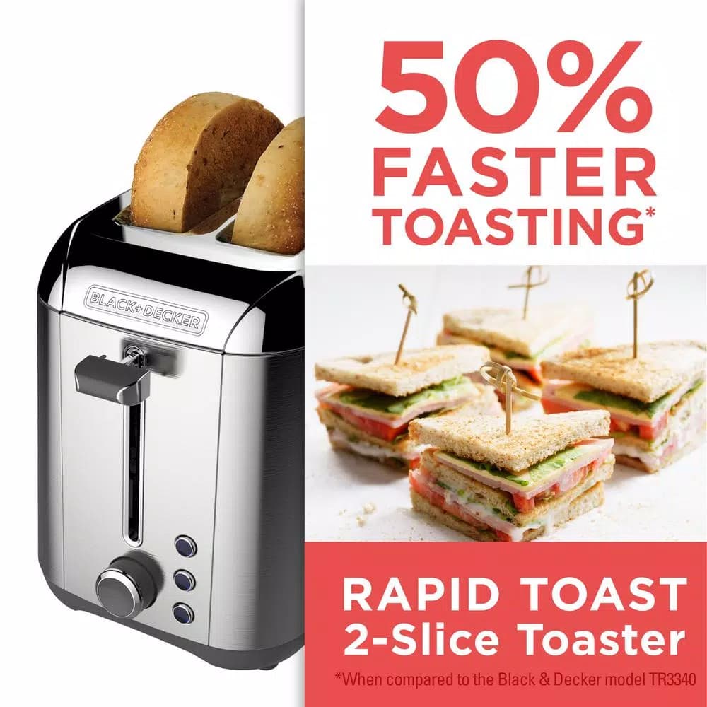 BLACK+DECKER Rapid Toast 2-Slice Stainless Steel Wide Slot Toaster, 1200W