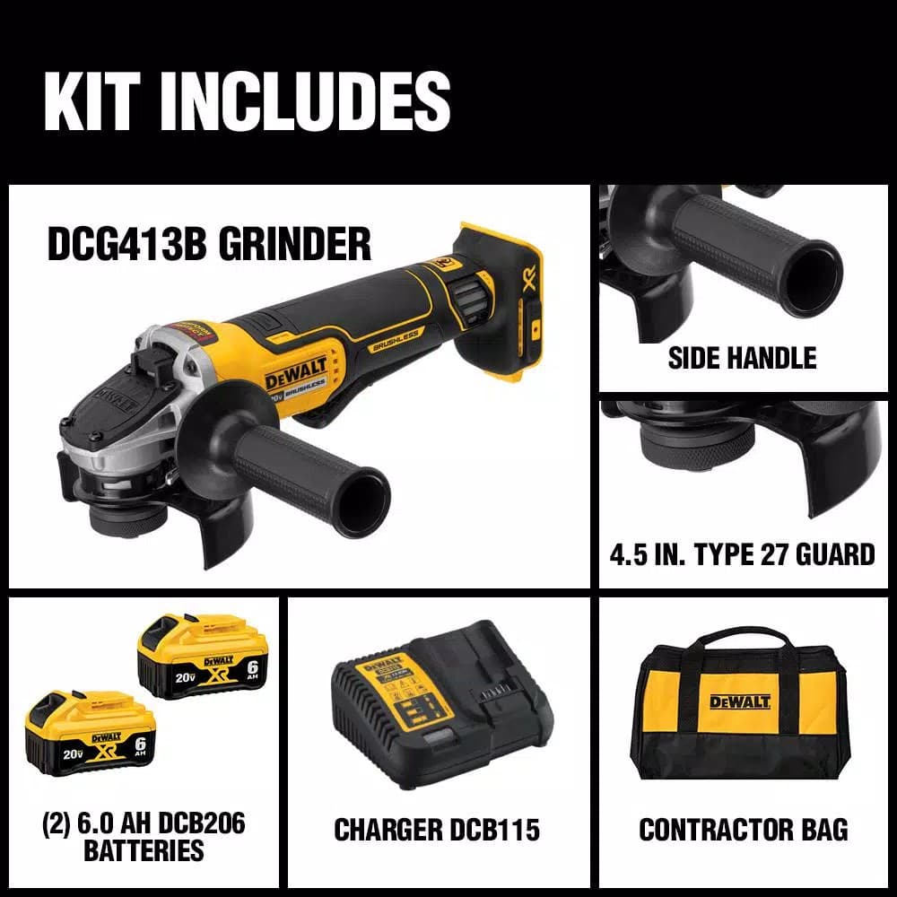 DEWALT 20V MAX XR Brushless 4-1/2 in. Paddle Switch Angle Grinder Kit with (2) 6.0Ah Batteries
